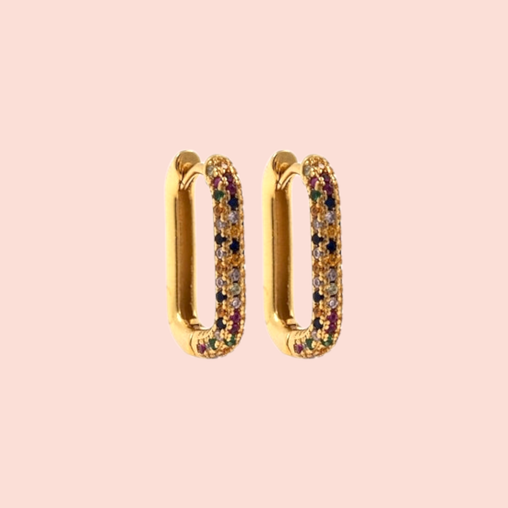 Small Multicolored CZ Gold Square Huggie Hoops