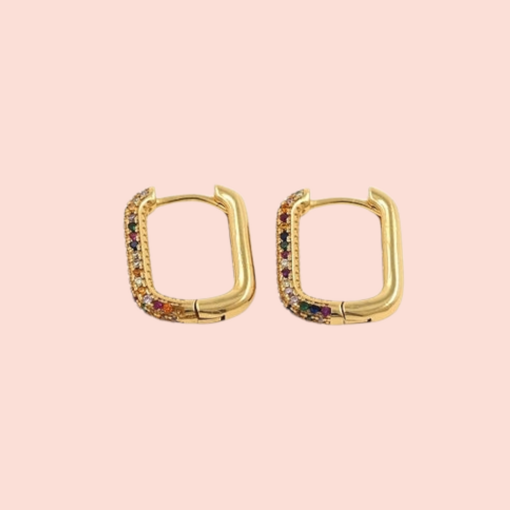 Small Multicolored CZ Gold Square Huggie Hoops