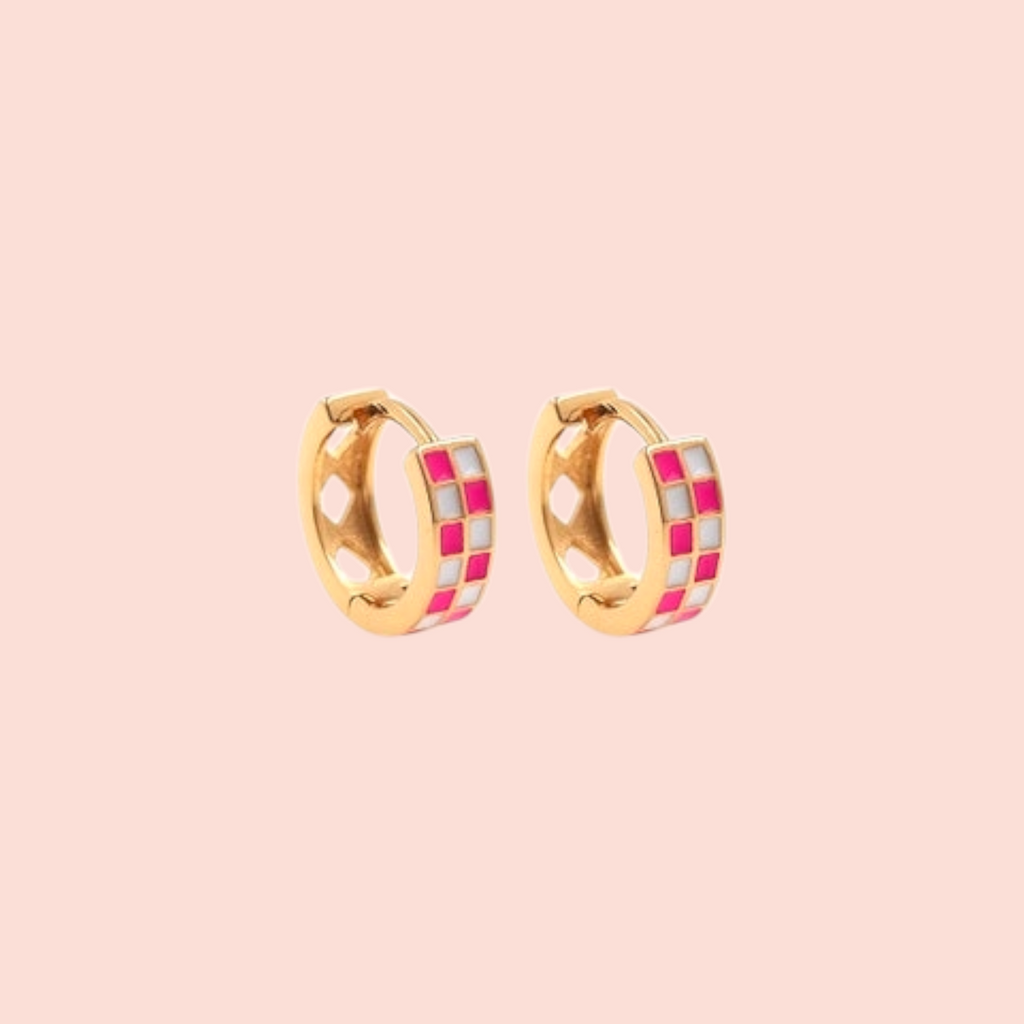 Tiny Pink + White Enamel Checkered Huggie Hoops