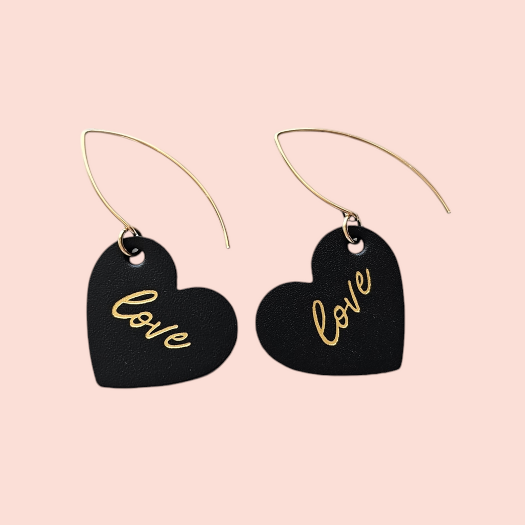 "Love" Embossed Black & Gold Minimalist Drop Leather Earrings