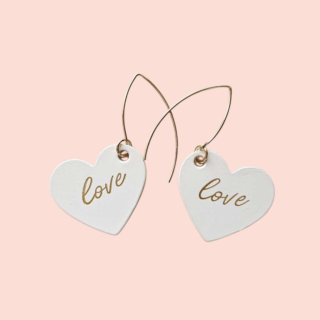 "Love" Embossed White & Gold Minimalist Drop Leather Earrings