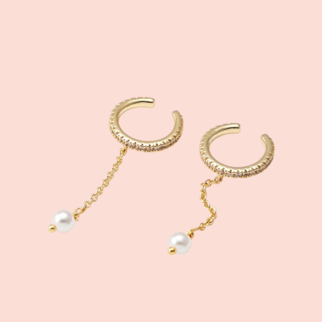 (Listing is for ONE single cuff) CZ + Pearl Chain Dangling Ear Cuff