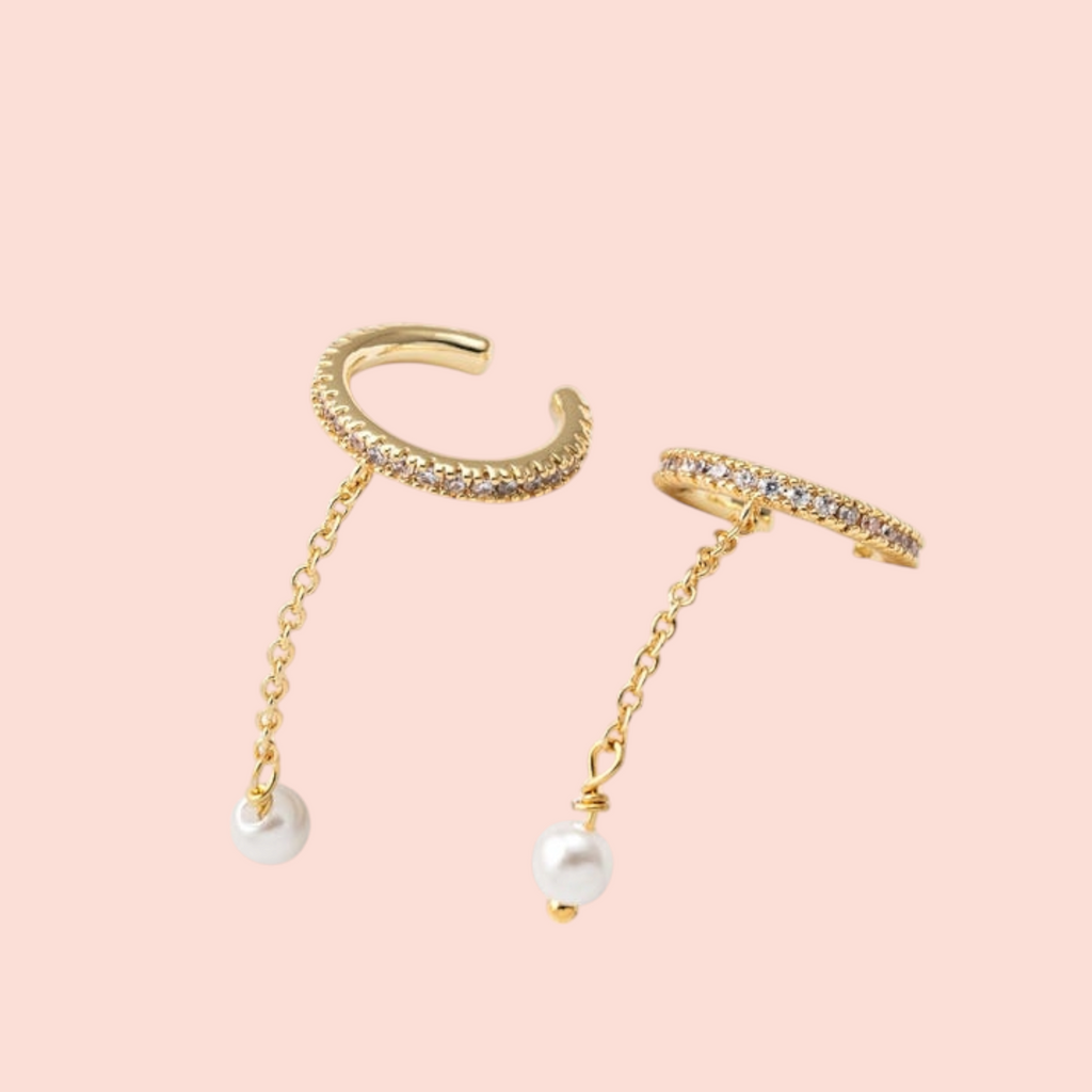 (Listing is for ONE single cuff) CZ + Pearl Chain Dangling Ear Cuff