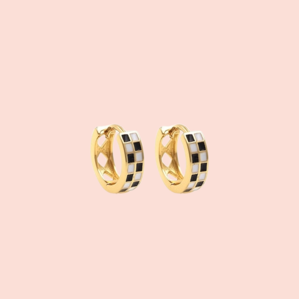 Tiny Black + White Enamel Checkered Huggie Hoops