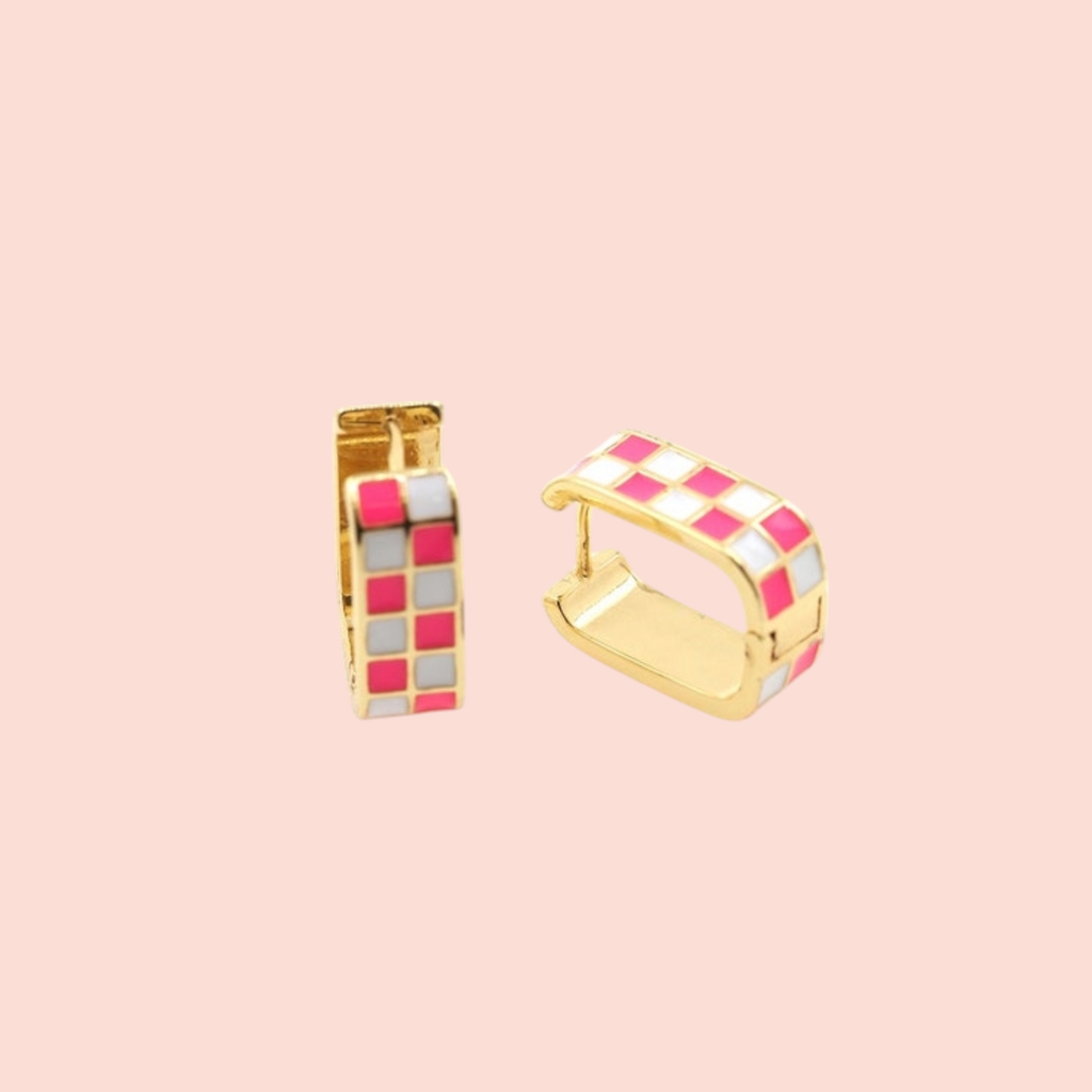 Pink + White Enamel Checkered Huggie Hoops