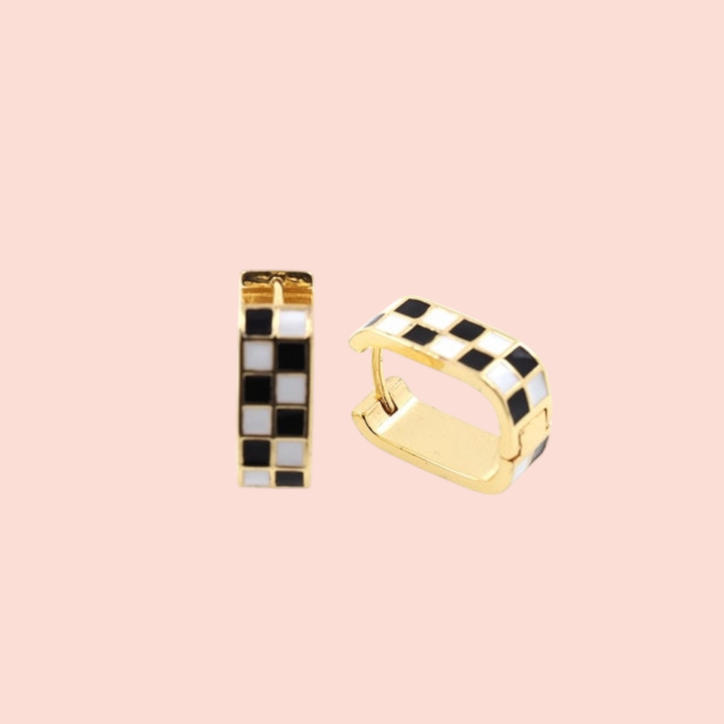 Black + White Enamel Checkered Huggie Hoops