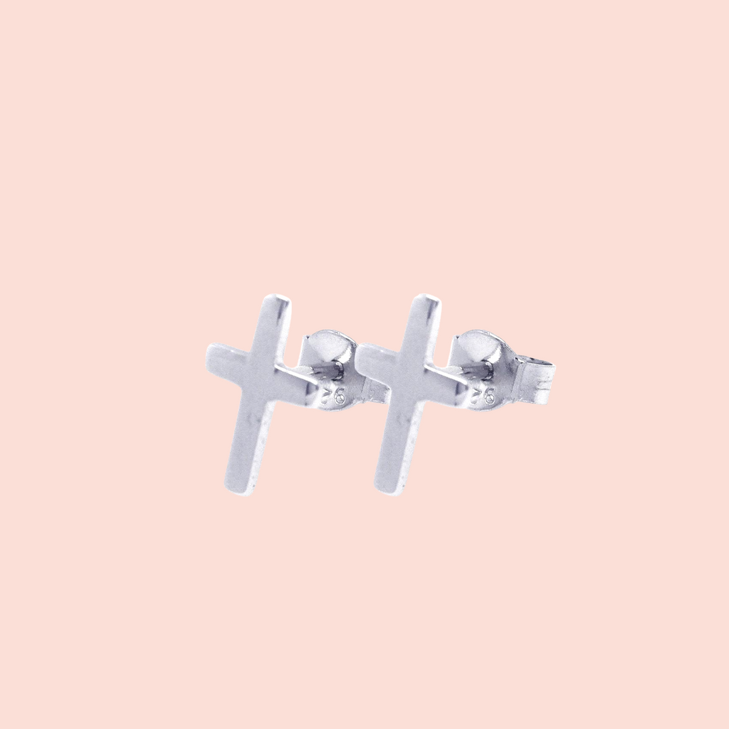 Rhodium-Plated Sterling Silver Cross Studs