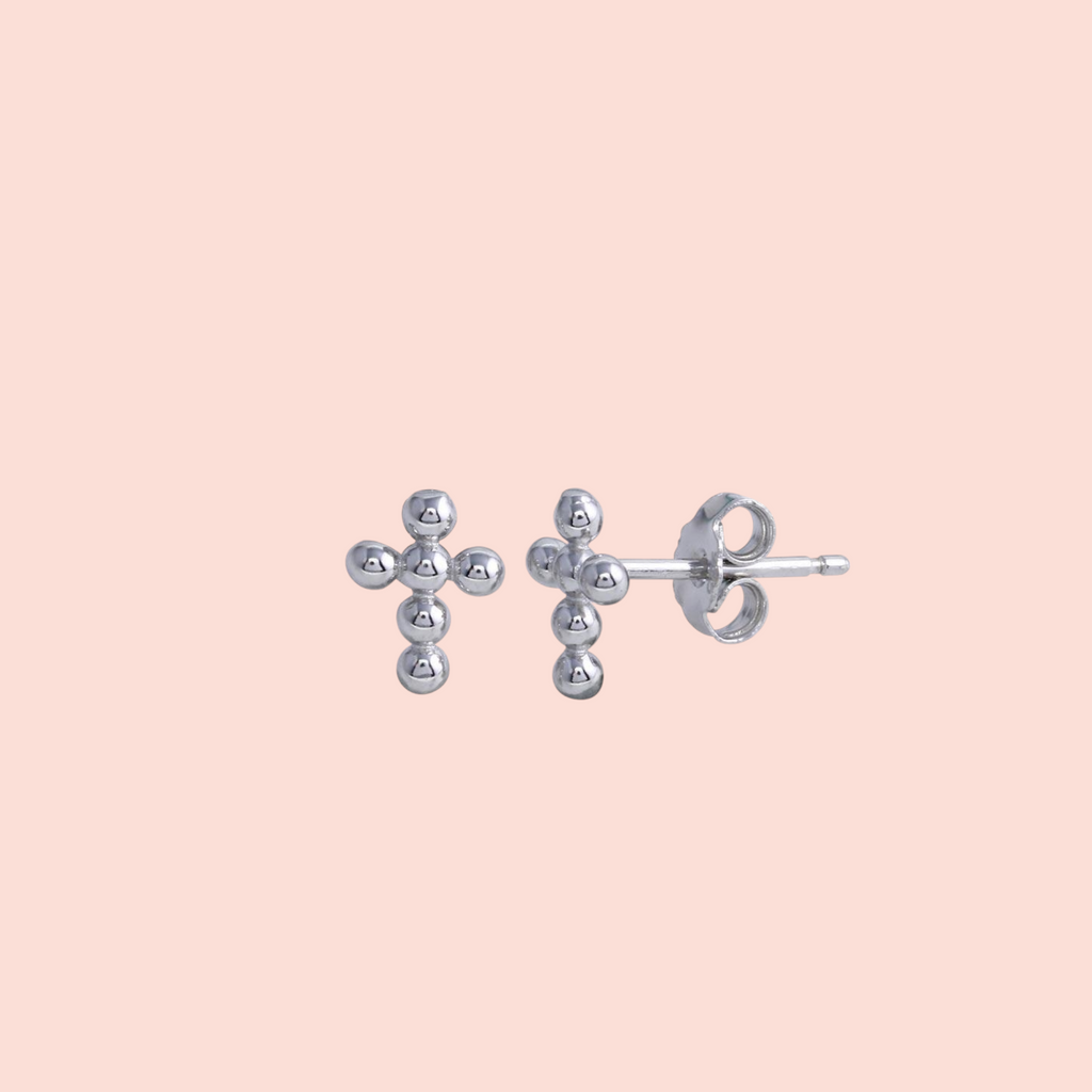 Tiny Rhodium-Plated Sterling Silver Bubble Cross Studs