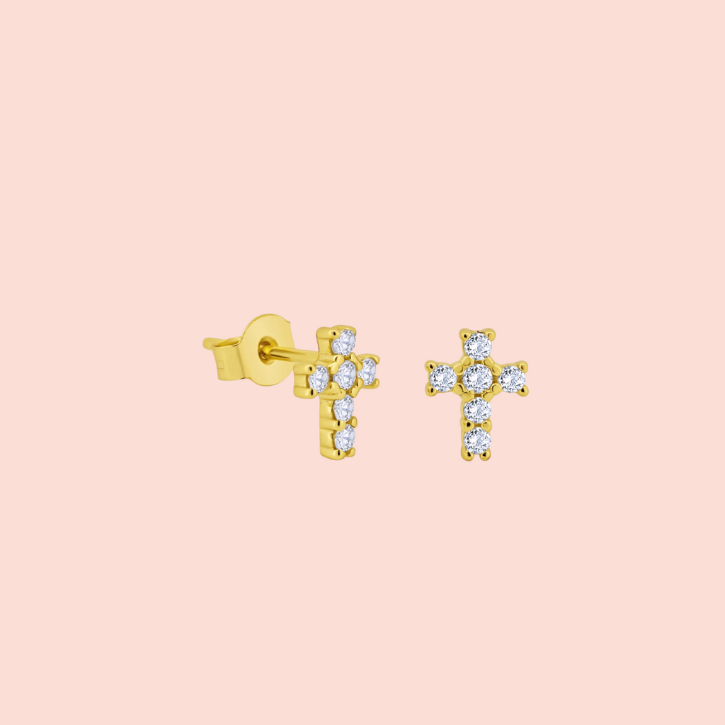 Tiny Gold-Plated Sterling Silver CZ Cross Studs