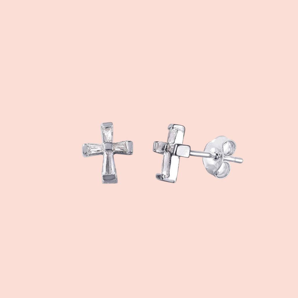 Tiny Rhodium-Plated Sterling Silver Baguette Stud Earrings