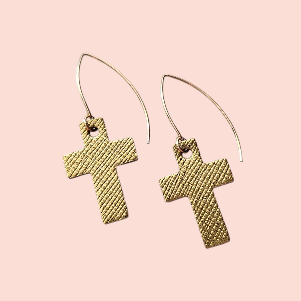 *Choose SMALL or MEDIUM| Metallic Gold Cross Leather Drop Earrings