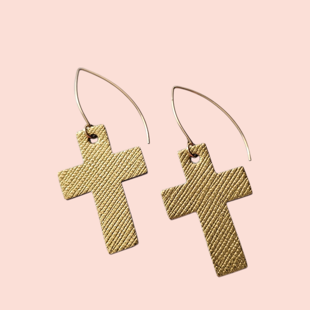 *Choose SMALL or MEDIUM| Metallic Gold Cross Leather Drop Earrings