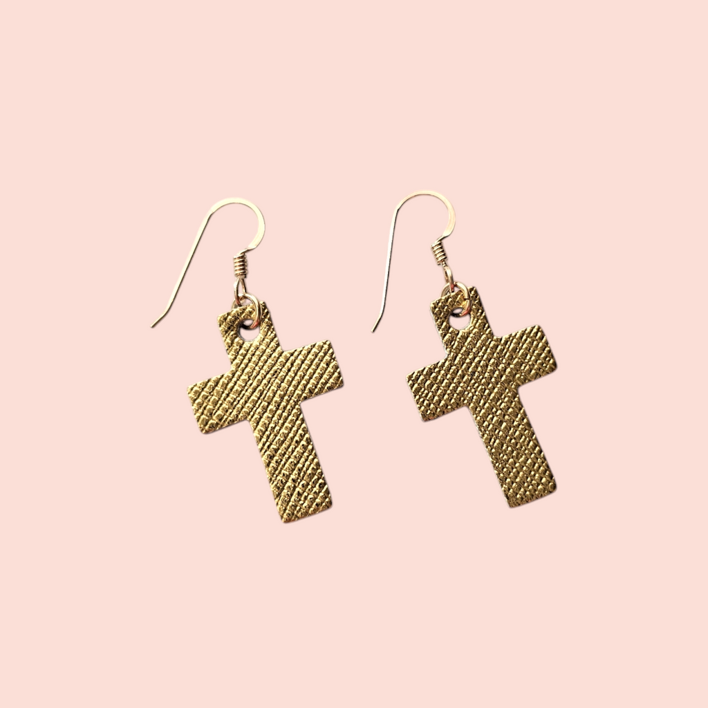 Mini Cross Gold Leather Earrings