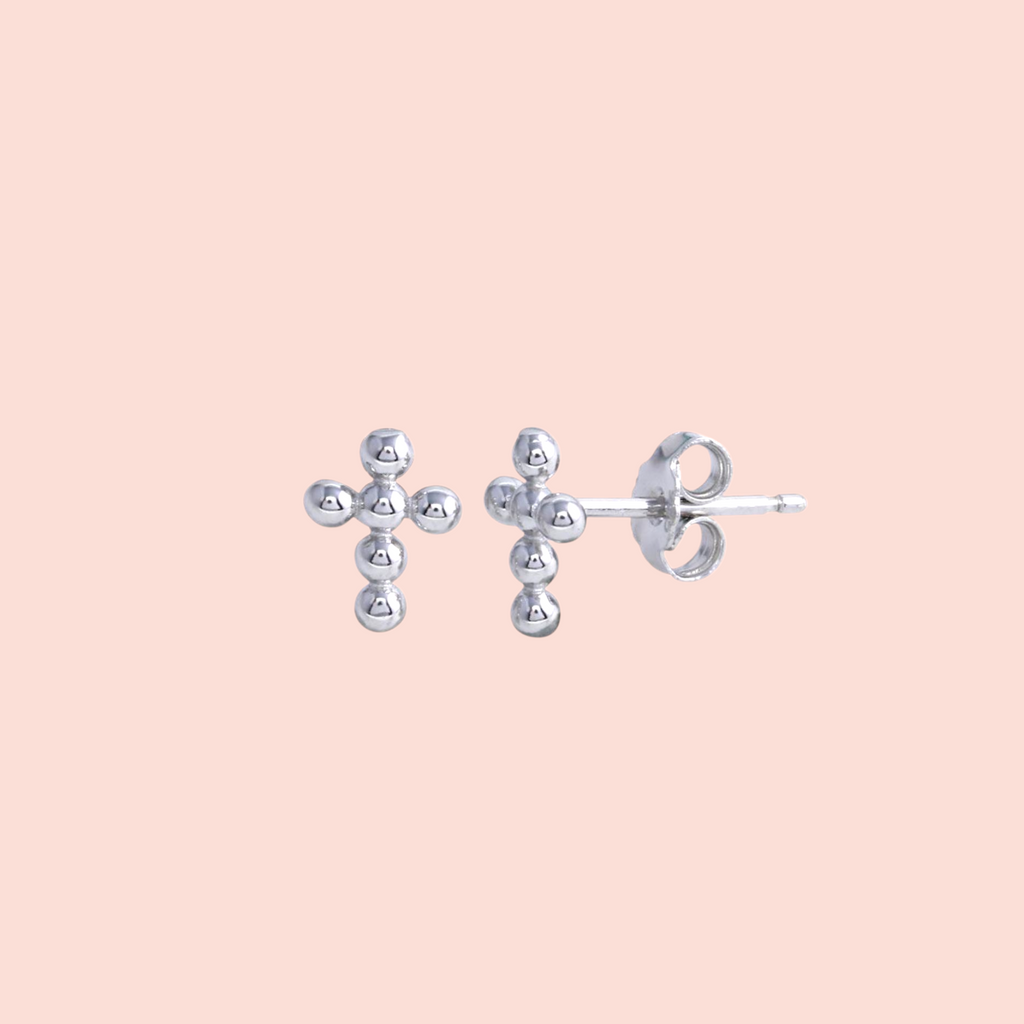 Tiny Rhodium-Plated Sterling Silver Bubble Cross Studs