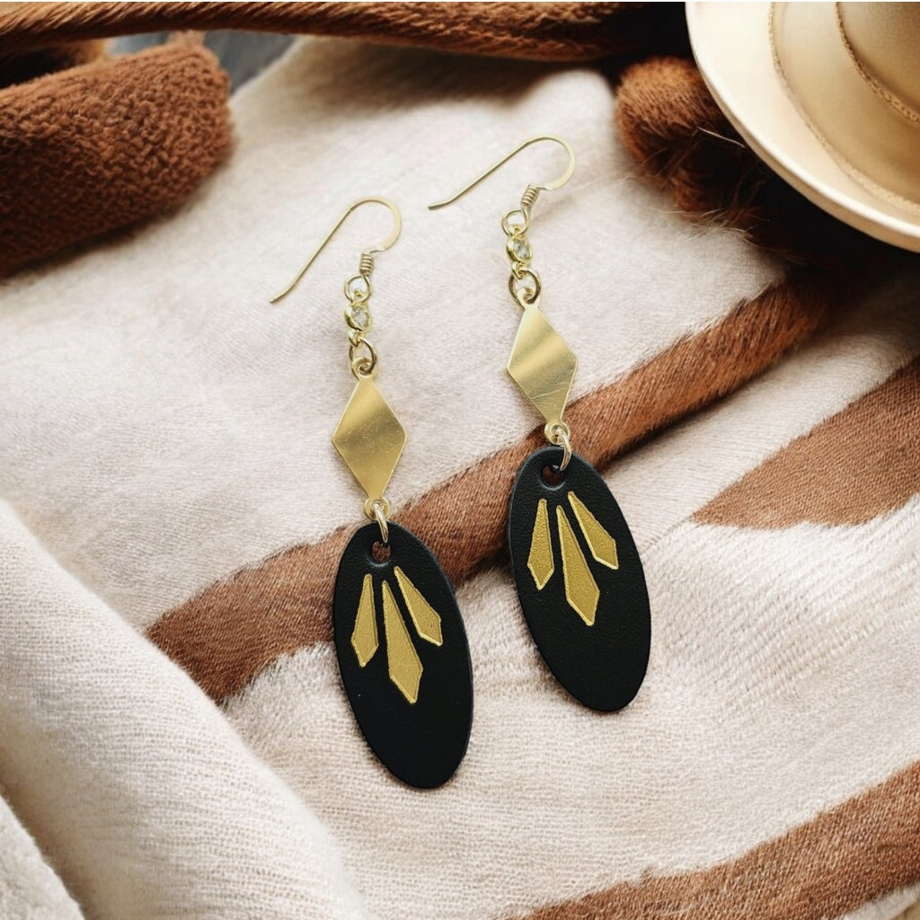 The Savannah/ Black + Gold Embossed Western Inspired Leather Earrings