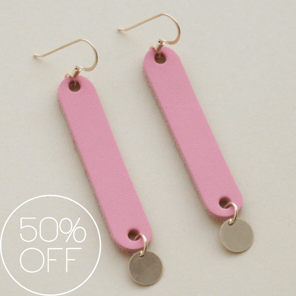 The Ella/ Rose Pink + 14 Kt Gold Filled Metal Sequin Gold Charm Drop Slim Leather Statement Earrings