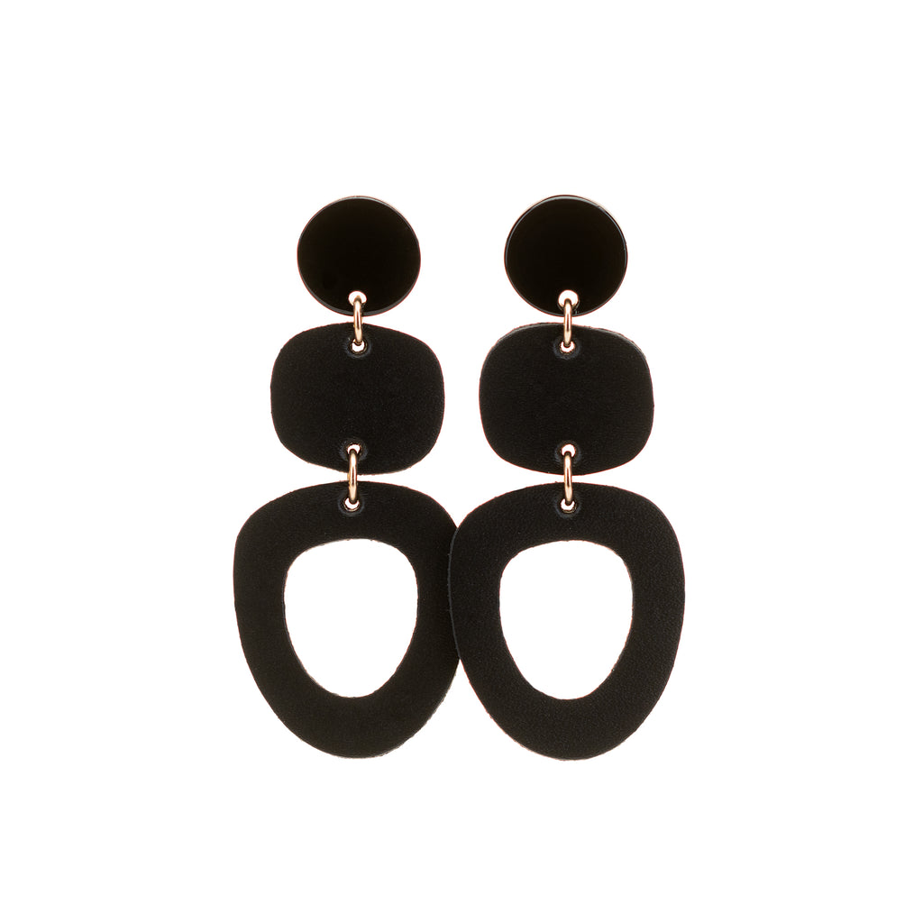 The Beckett/ Onyx Black + Black Resin Post Statement Leather Earrings