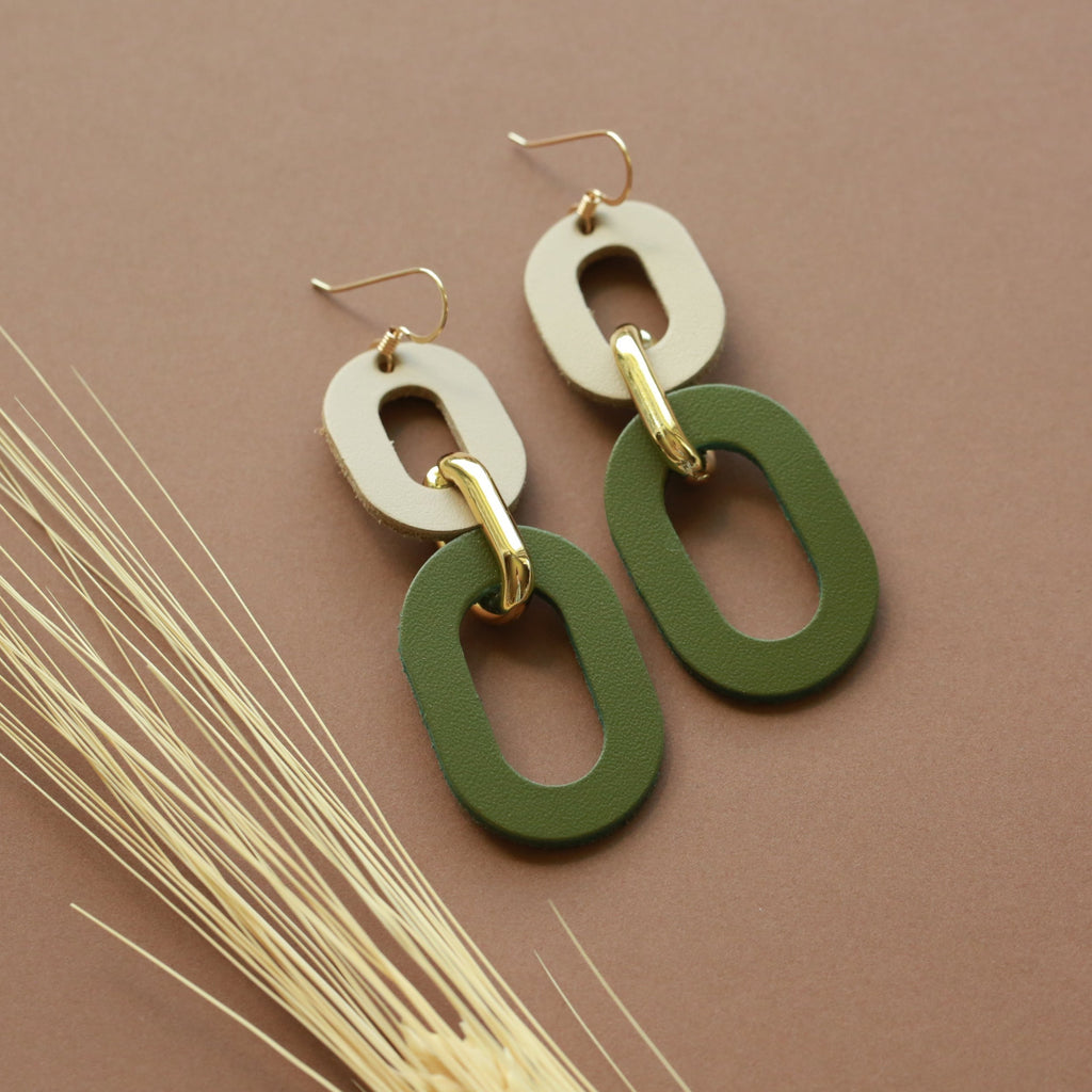 The Della/ Colorblock Sandstone + Olive Green Leather Statement Earrings