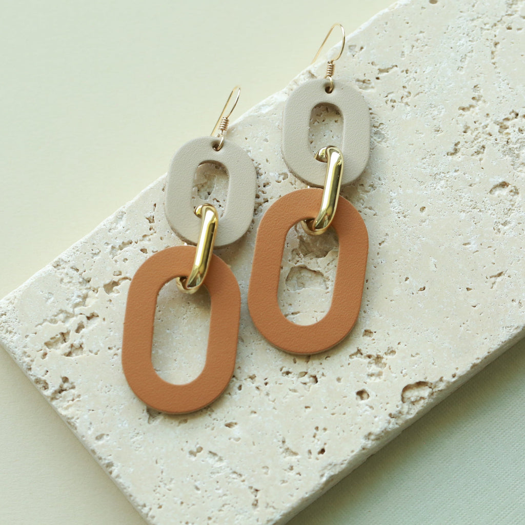 The Della/ Colorblock Sandstone + Camel Leather Statement Earrings
