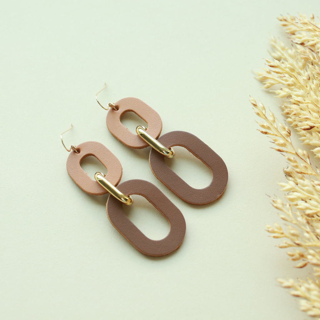 The Della/ Monochromatic Camel + Brown Leather Statement Earrings