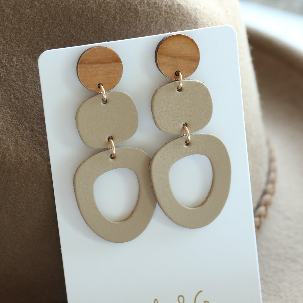 The Beckett/ Sandstone w/ cherry wood post Statement Leather Earrings